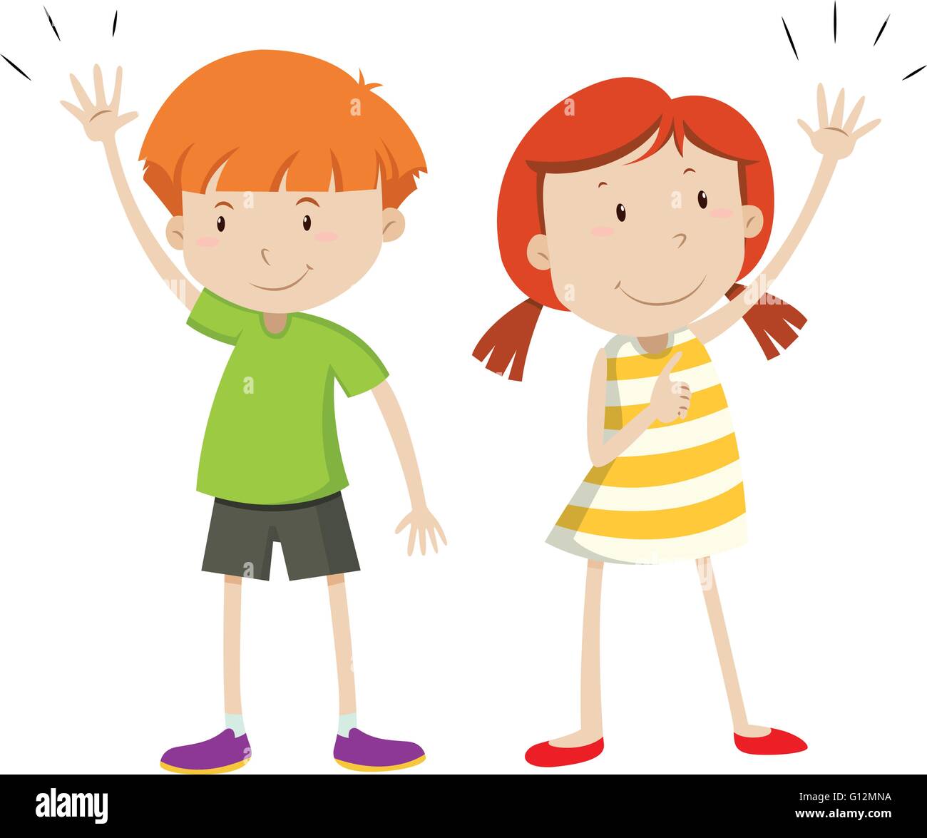 Boy and girl having their hands up illustration Stock Vector Image