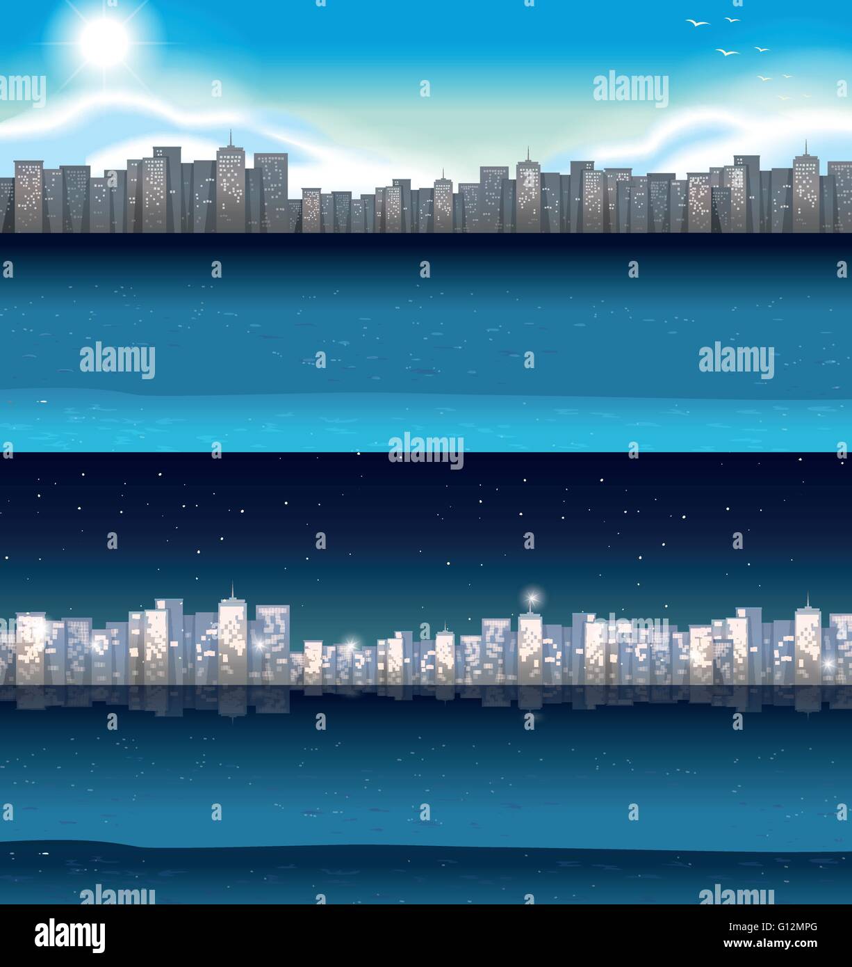 Buildings in city at day and night illustration Stock Vector Image ...