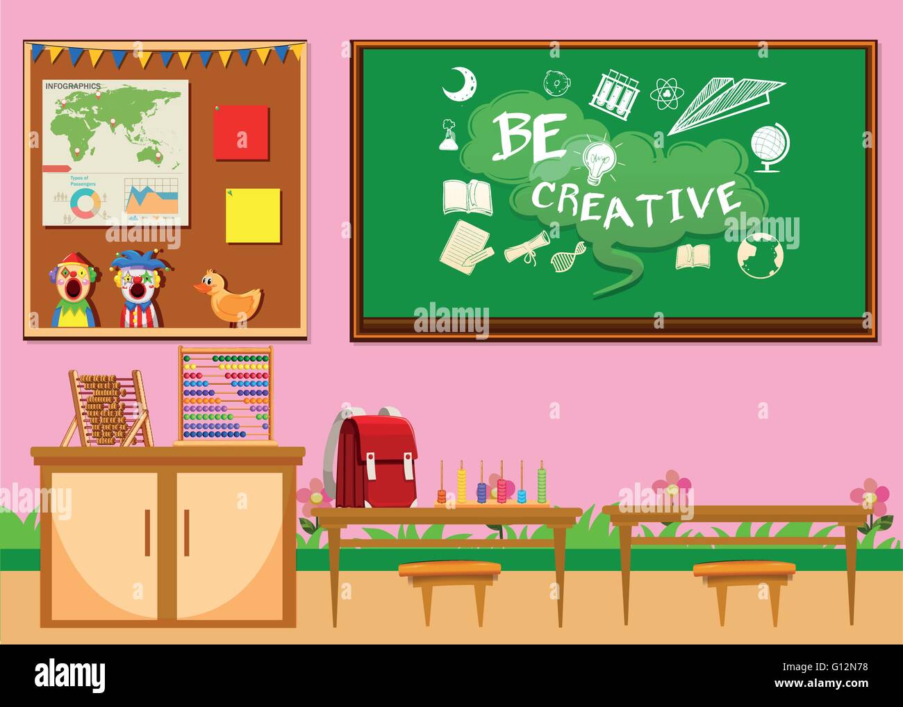 Elementary Classroom With Board And Chairs Illustration Stock Vector Image And Art Alamy