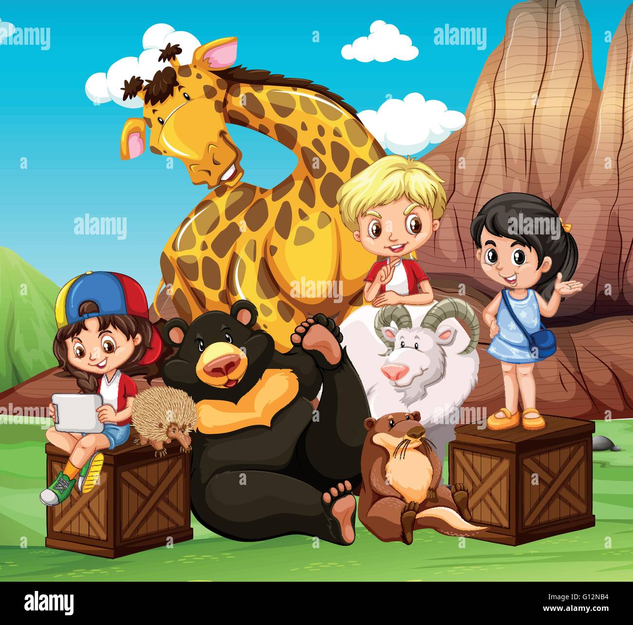 Children and wild animals in the field illustration Stock Vector Image ...