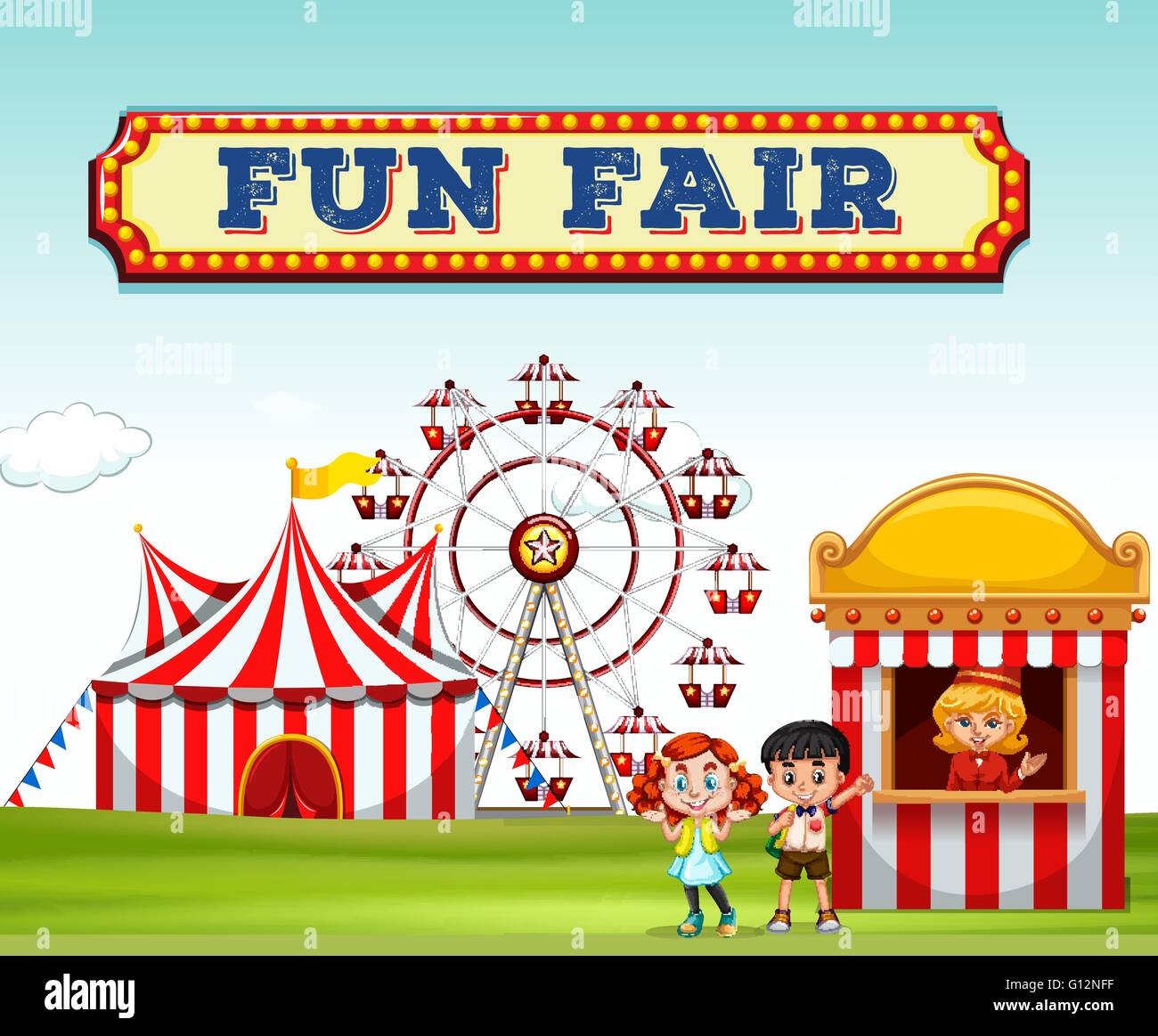 Children buying ticket at fun fair illustration Stock