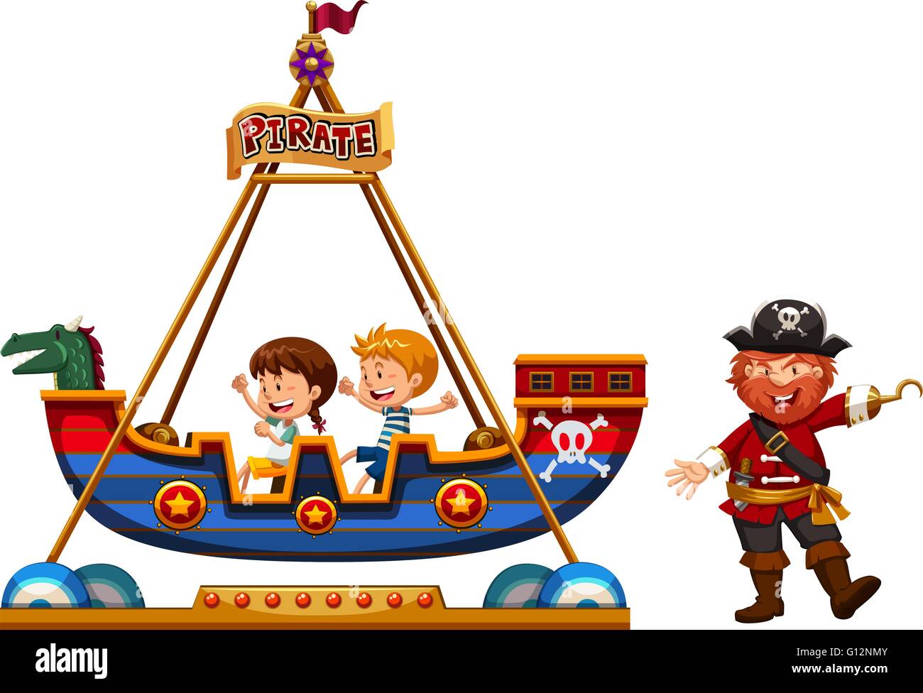 Children riding on viking ride with pirate illustration Stock Vector