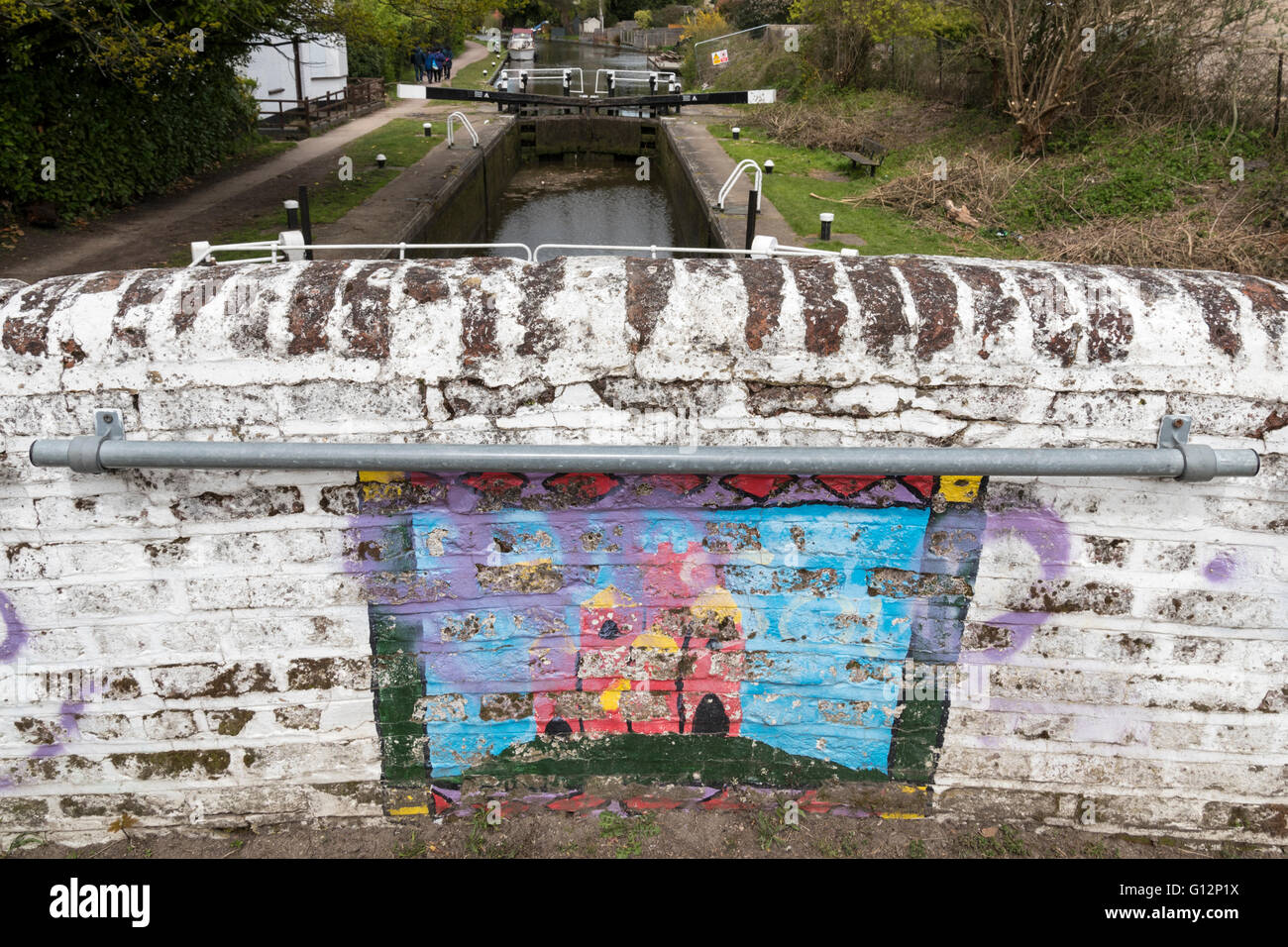 Graffiti art on bridge over the Grand Union Canal in Hertfordshire, UK. Stock Photo
