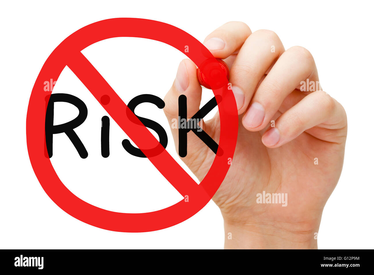 Hand drawing Risk prohibition sign concept with marker on transparent wipe board. Stock Photo