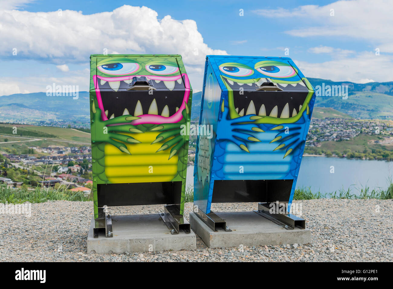 Whimsical roadside trash containers, Greater Vernon, Okanagan Valley, British Columbia, Canada Stock Photo