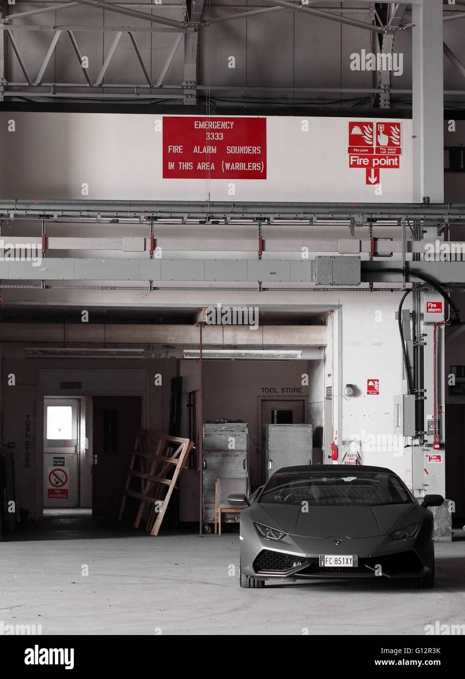 Lamborghini Huracan In Warehouse With Signs On Wall Re Emergency Fire Warblers Stock Photo Alamy