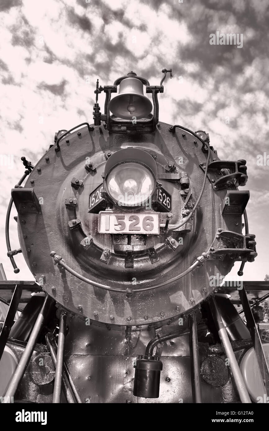 Steam locomotive train in black and white. Stock Photo