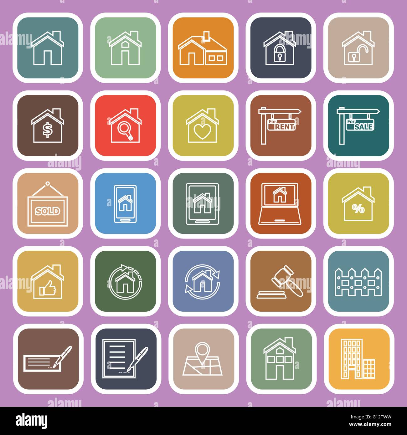 Real estate line flat icons on violet background, stock vector Stock ...