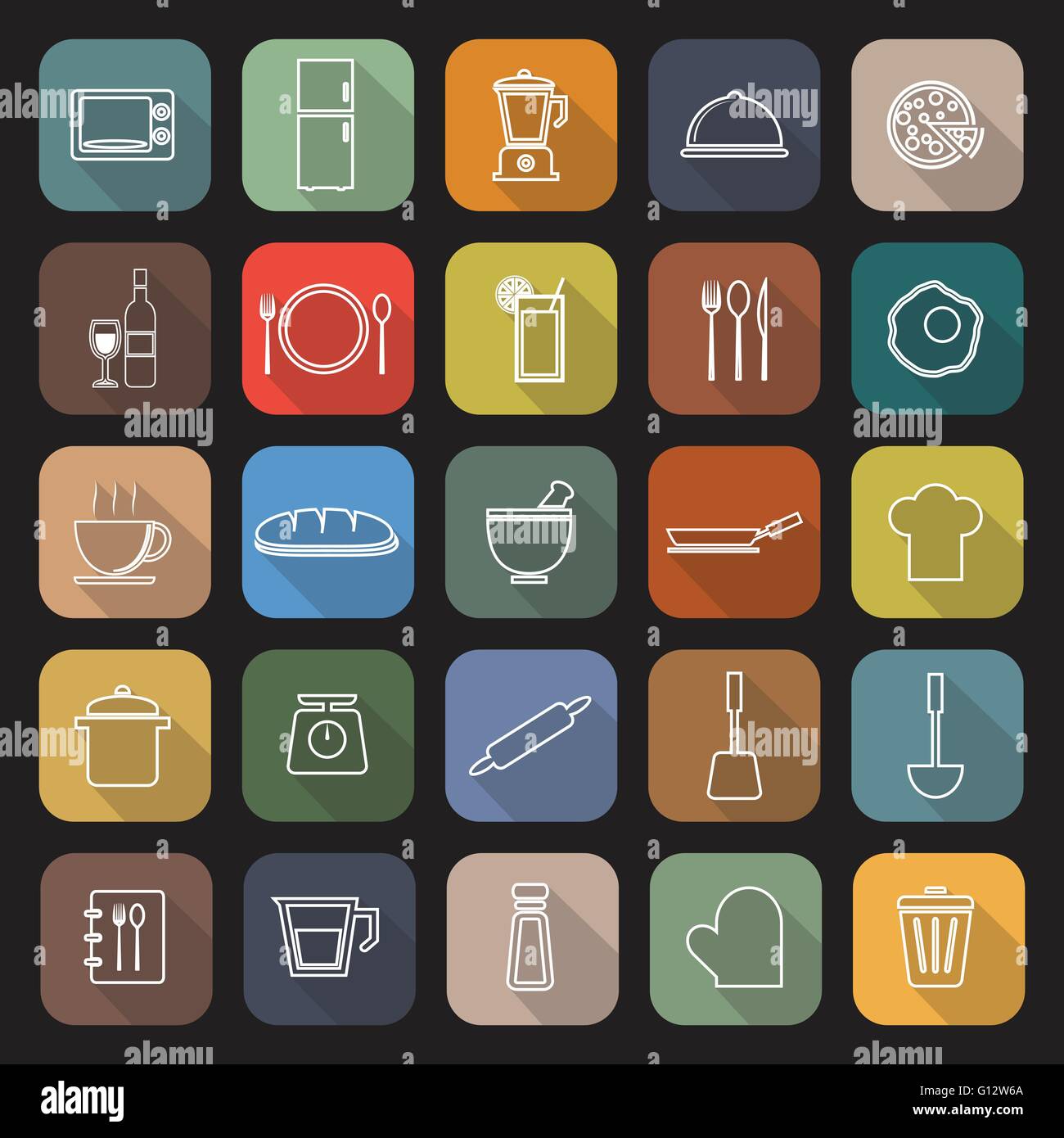 Kitchen line flat icons with long shadow, stock vector Stock Vector ...