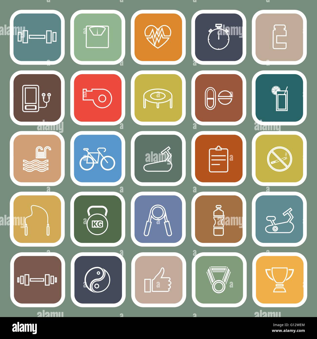 Fitness line flat icons on green background, stock vector Stock Vector ...