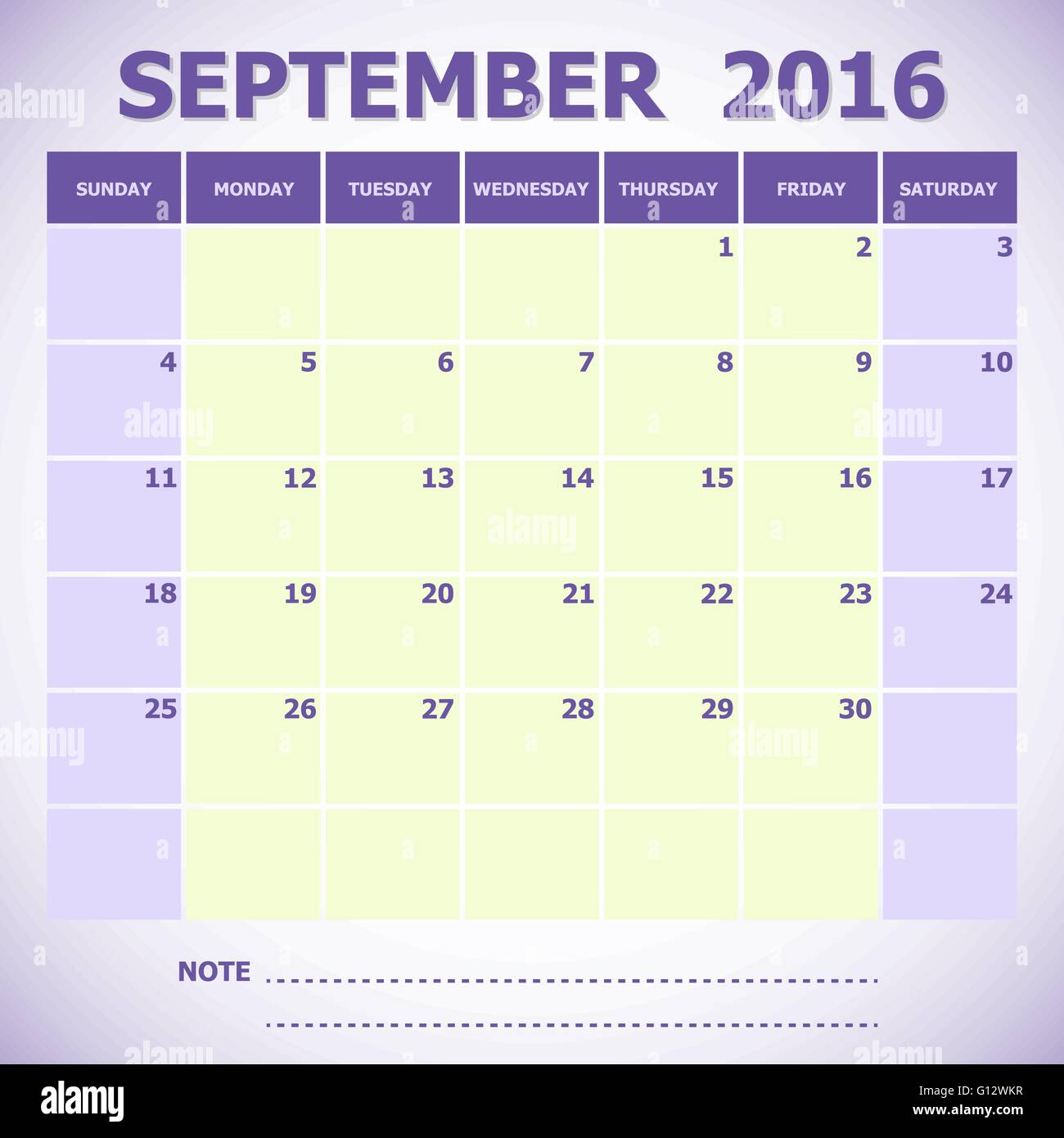 Calendar September 2016 week starts Sunday, stock vector Stock Vector