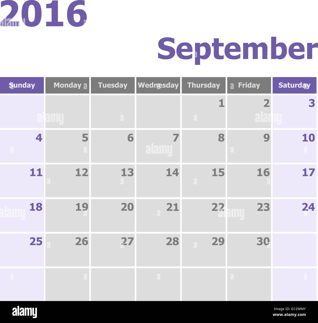 Calendar September 2016 week starts from Sunday, stock vector Stock Vector