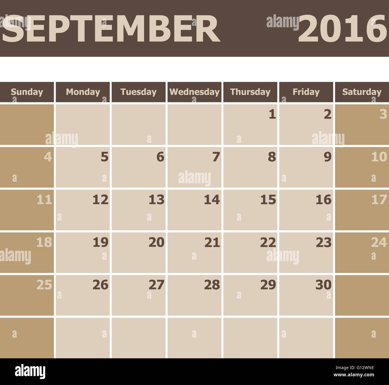 Calendar September 2016, week starts from Sunday, stock vector Stock Vector