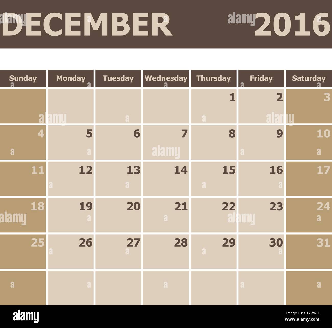 Calendar December 2016, week starts from Sunday, stock vector Stock Vector