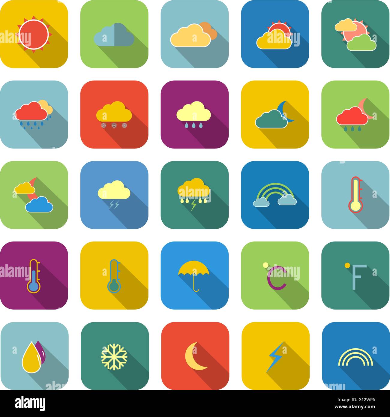 Weather color icons with long shadow on white background Stock Vector ...