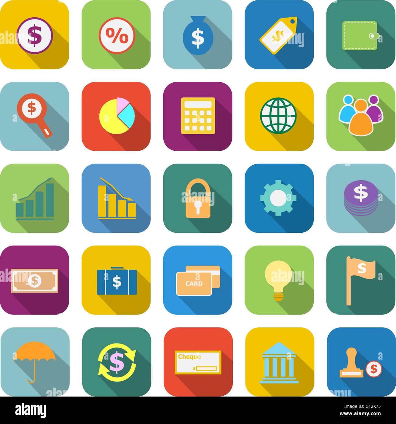 Finance Color Icons With Long Shadow On White Background Stock Vector 
