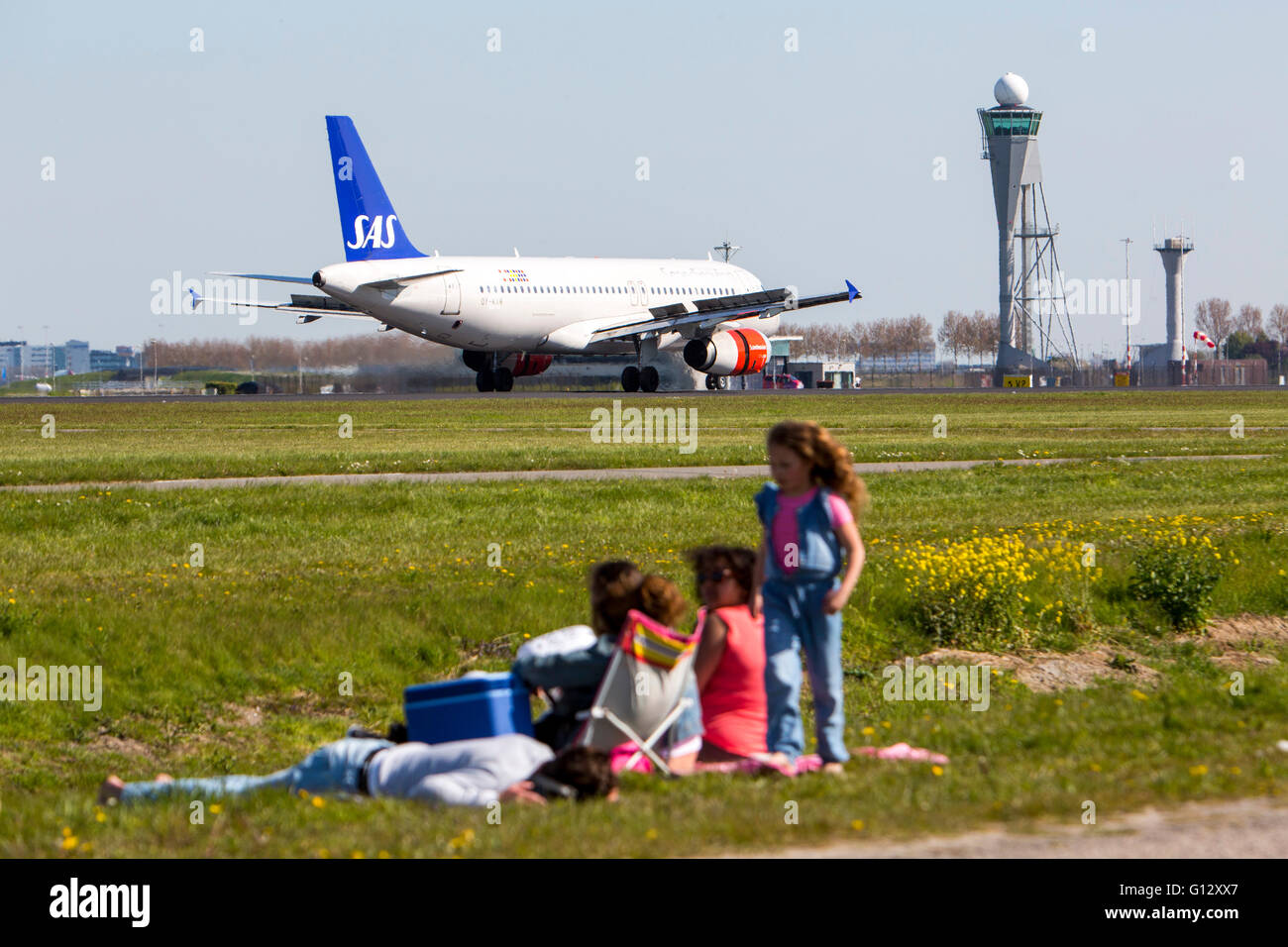 Schiphol airport, plane spotters, on the Polderbaan, 18R / 36L, official  viewpoint on the runway, Amsterdam, The Netherlands Stock Photo - Alamy