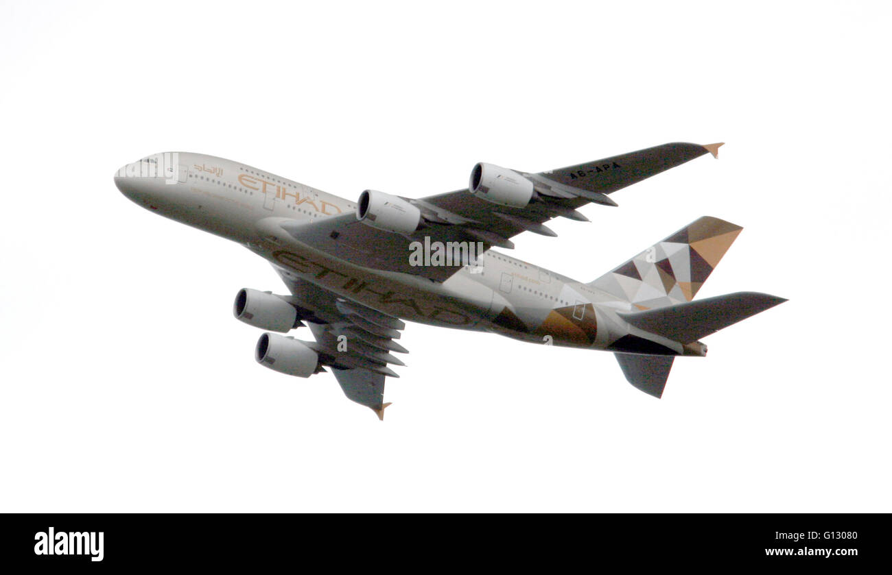 An Etihad Airways Airbus A380 approaches London Heathrow Airport in London May 7, 2016.  Copyright photograph - John Voos Stock Photo