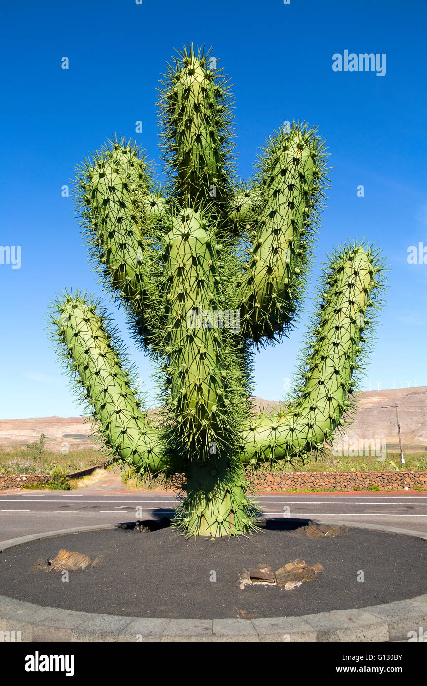 Giant green cactus sculpture outside Jardin de Cactus designed by César Manrique, Guatiza. Lanzarote, Canary Islands, Spain Stock Photo