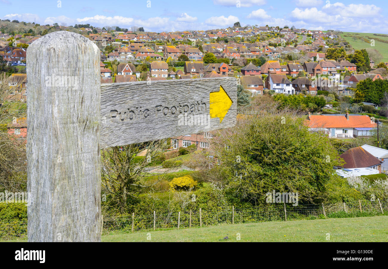 Public Footpath finger post in the British countryside in East Dean, East Sussex, England, UK. Stock Photo