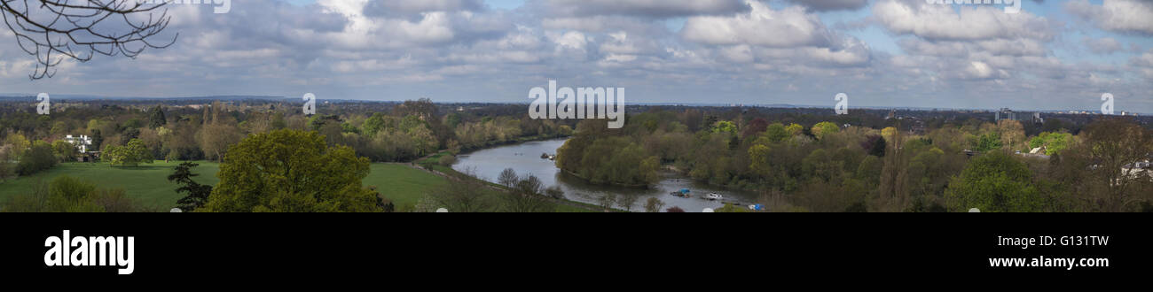 Panoramic View looking over the River Thames From Richmond Hill. The view also capture Places to the west of Richmond. Stock Photo