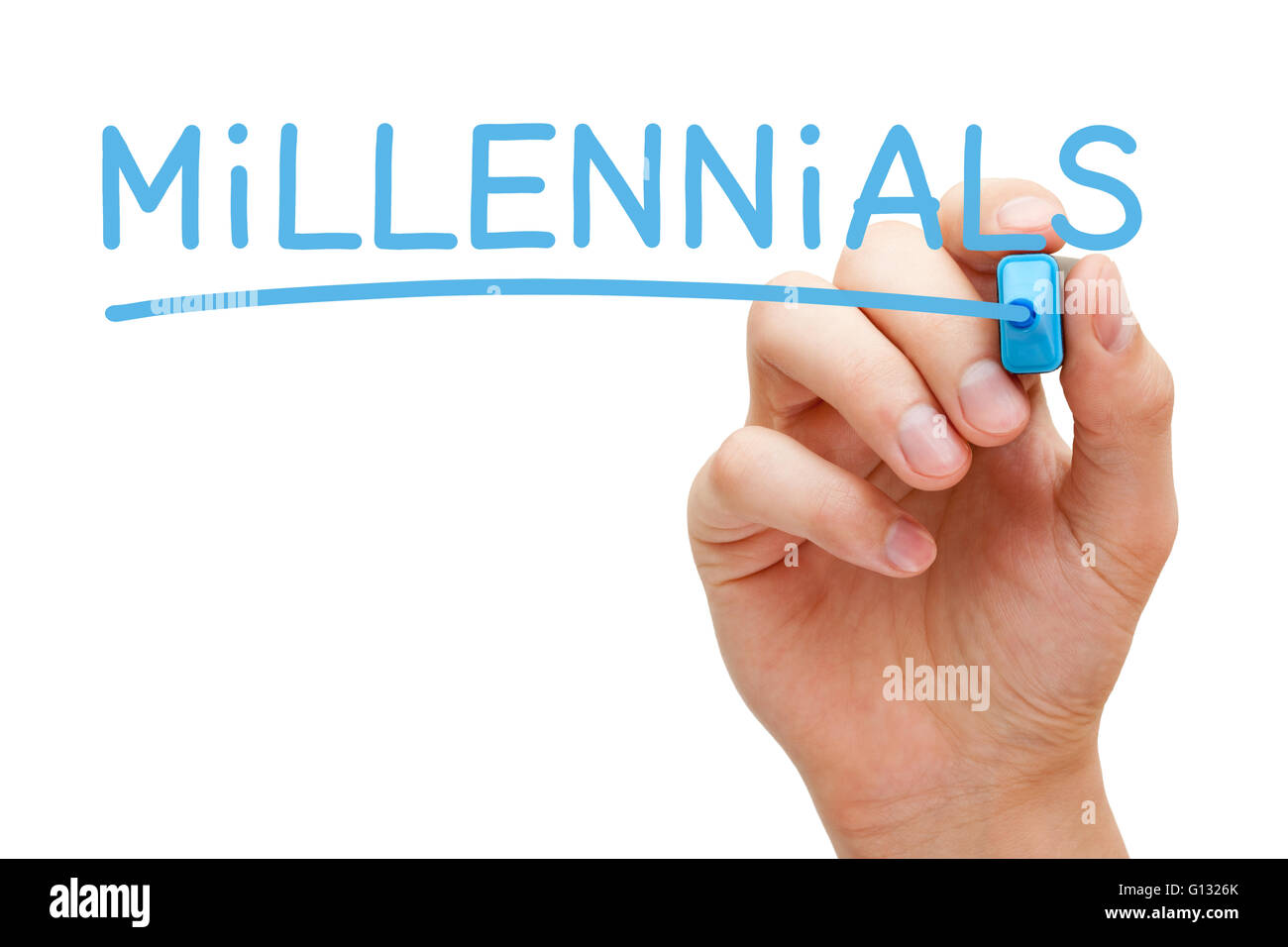 Hand writing Millennials with blue marker on transparent wipe board. Stock Photo
