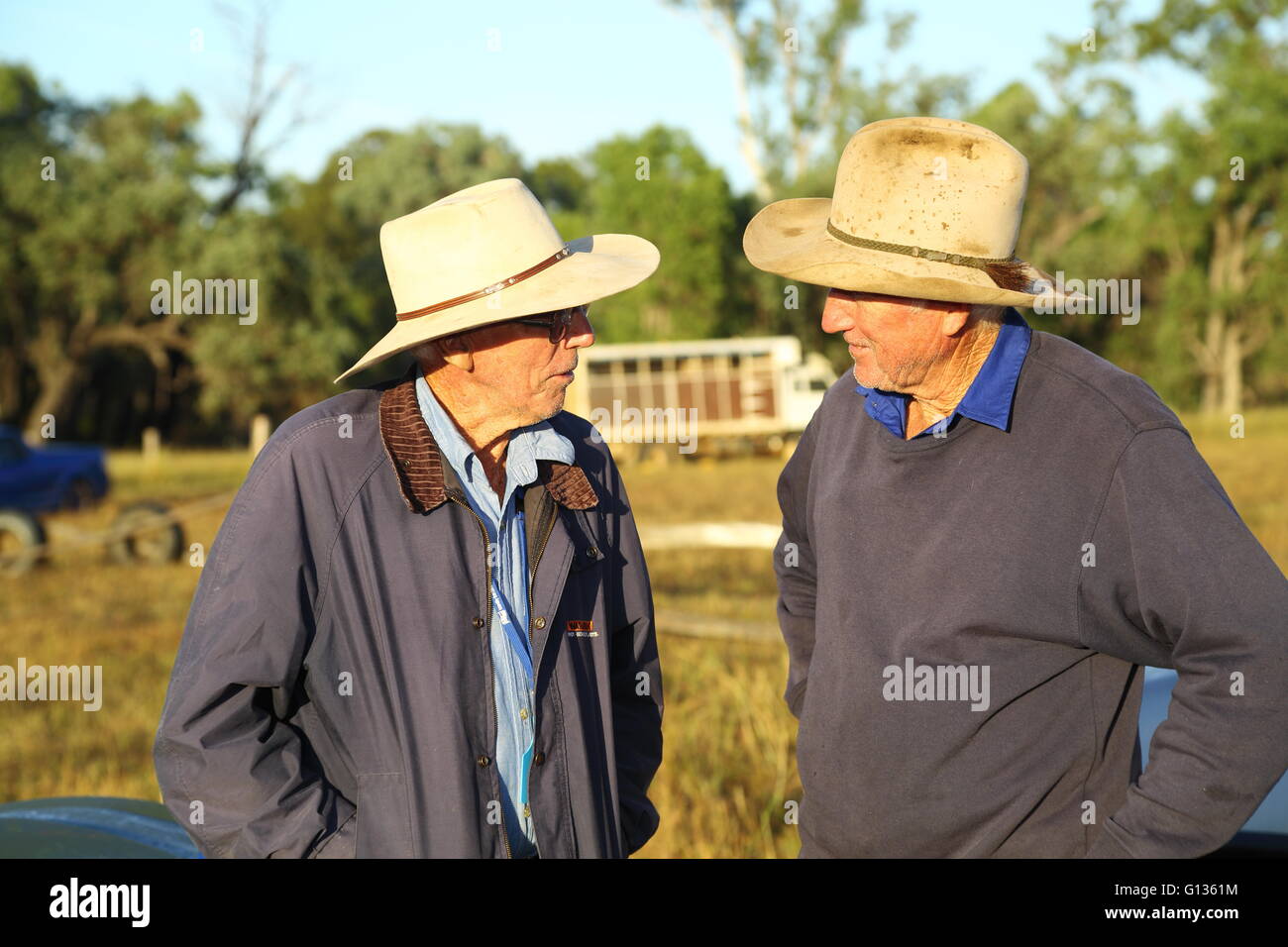 Two cattlemen farmers having a chat. Stock Photo