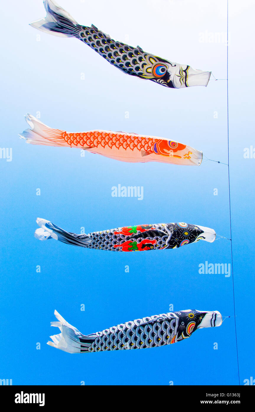Koinobori, or carp banners, flying against a clear blue sky. Stock Photo