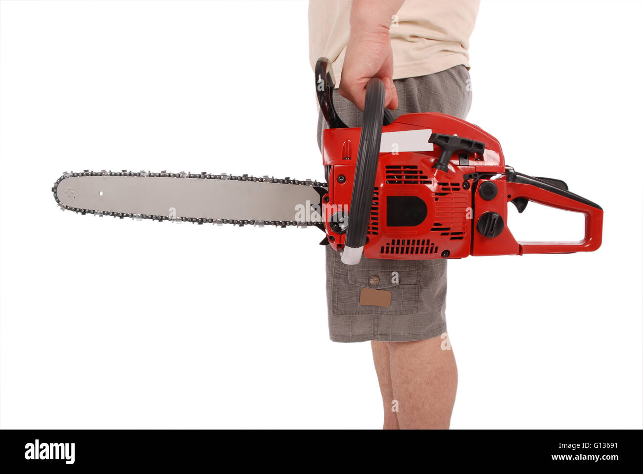 By one hand holding a chainsaw isolated on white Stock Photo Alamy