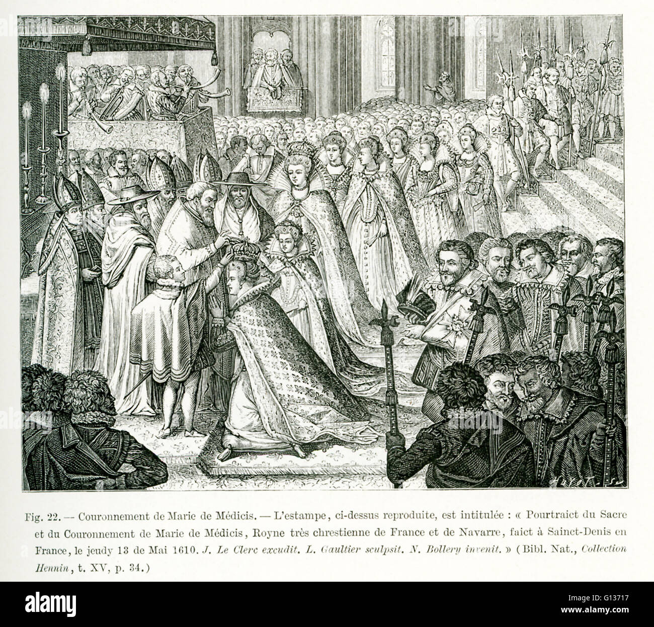 The caption for this engraving translates from French: Coronation of Marie de Medicis. The print, as shown here, is entitled: Portrait of the Holy Coronation of Marie de Medicis, the very Christian ruler of France and Navarre, at the Cathedral of Saint Denis in France, on Thursday, May 13, 1610. J. Clerc executed this; L. Gaultier sculpted it; and N. Bollery devised it. Stock Photo