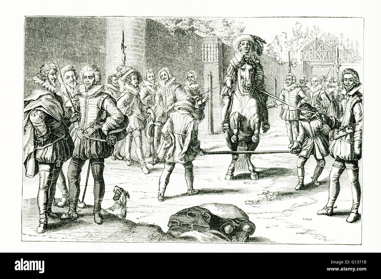 The caption for this engraving is: Louis XIII at the armory. The work was titled: Royal armory... fact and practical instruction by Antoine Pluvinel, his principal squire... all serious and represented engraved figures, by the Dutch publisher Crispian de Pas in 1624. N.B. The original print bears the names of various actors in this scene. The principal ones are: The king, the fifth character from left to right; Effiat, the premier; the count of Soissons, on horse; and Pluvinel standing to the right of the horse. Stock Photo
