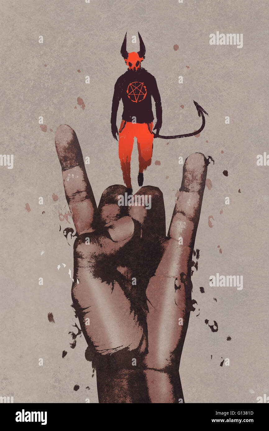 big hand in devil horns sign with devil,satan,illustration painting Stock Photo