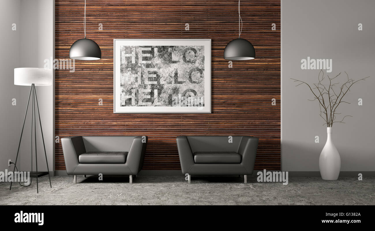 Modern living room interior with two black armchairs and floor lamp 3d ...