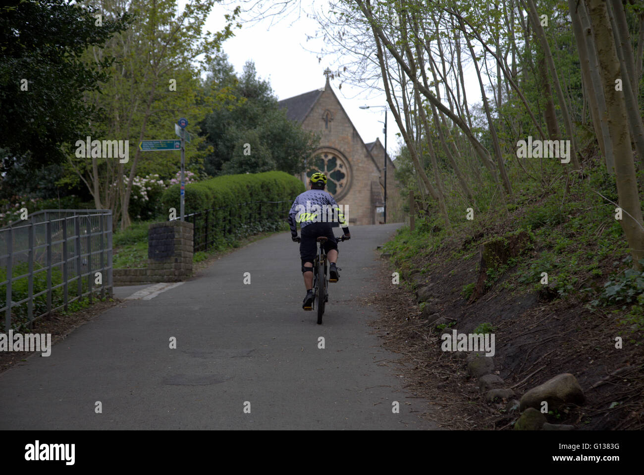 Cyclist climbing hill in  Kelvingrove park Glasgow,Scotland,U.K. Stock Photo