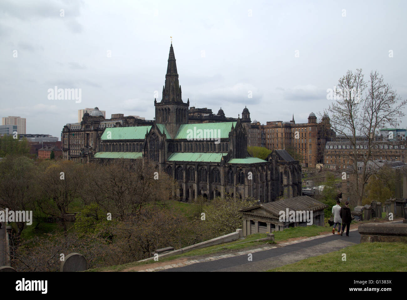 Glasgow Cathedral and Glasgow Royal Infirmary from necropolis, city of the dead graveyard ,historical druid center Glasgow U.K Stock Photo