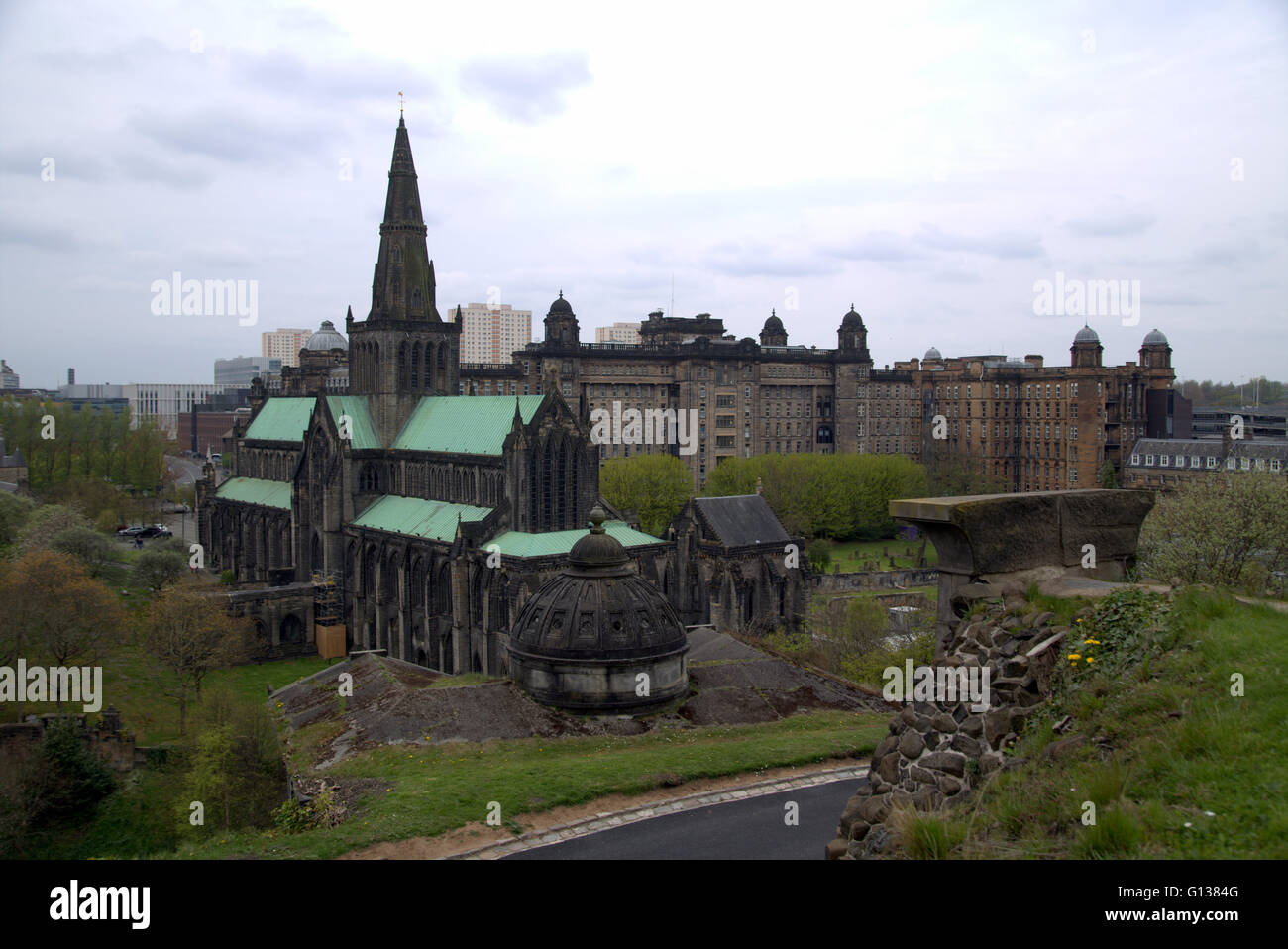 Glasgow Cathedral and Glasgow Royal Infirmary from necropolis, city of the dead graveyard ,historical druid center Glasgow U.K Stock Photo