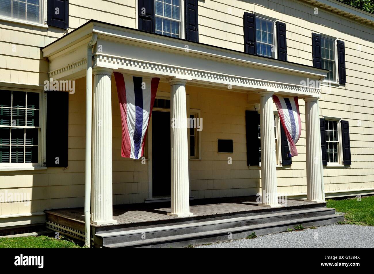 New York City Entrance portico with four columns at historic colonial