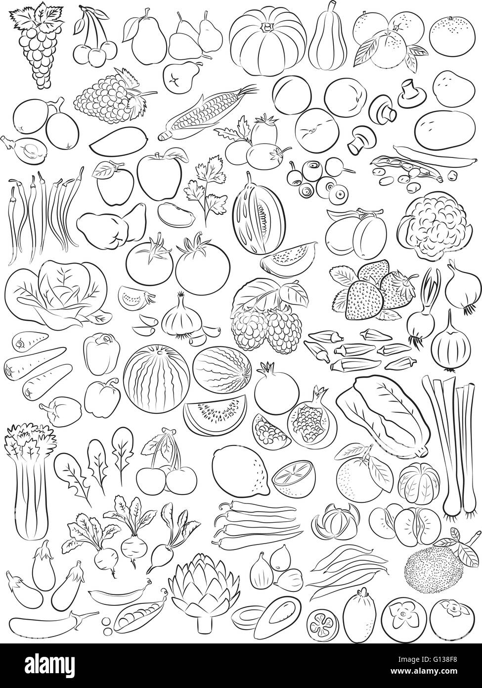 Vector illustration of fruits and vegetables in line art mode Stock Vector
