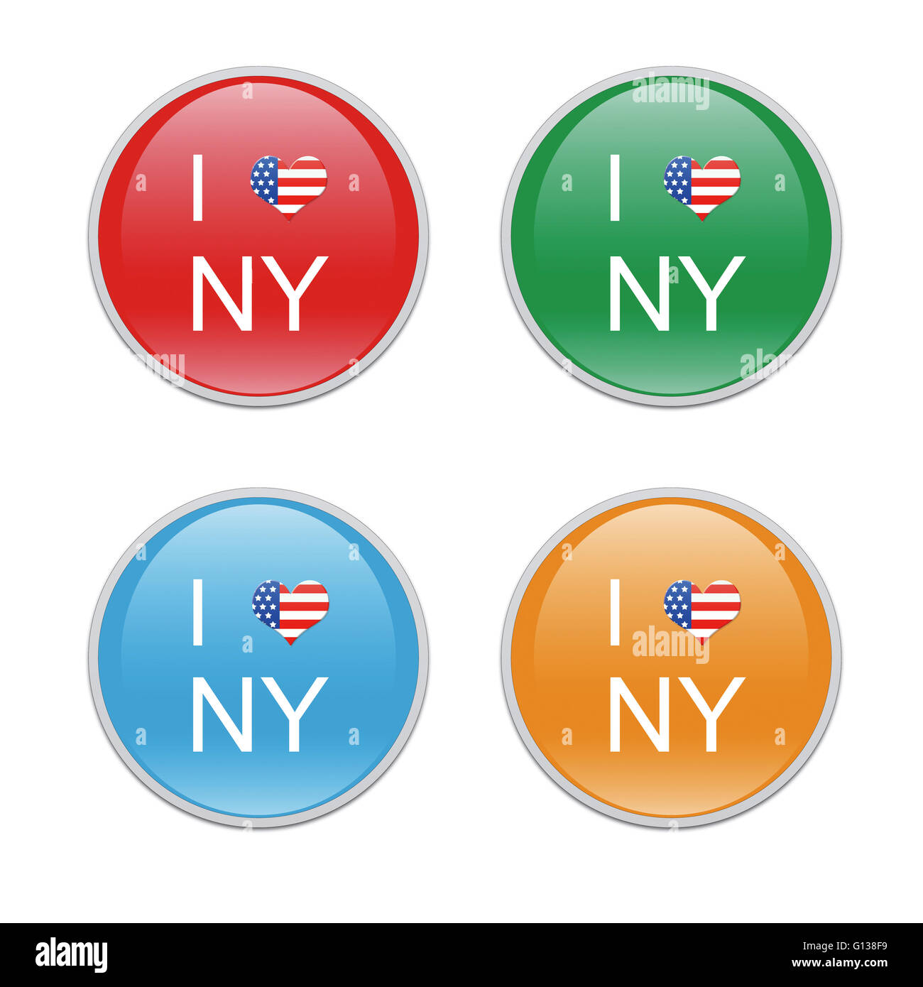 Set of rounded icons to symbolize I Love NY, New York in red, green, blue and orange colors Stock Photo
