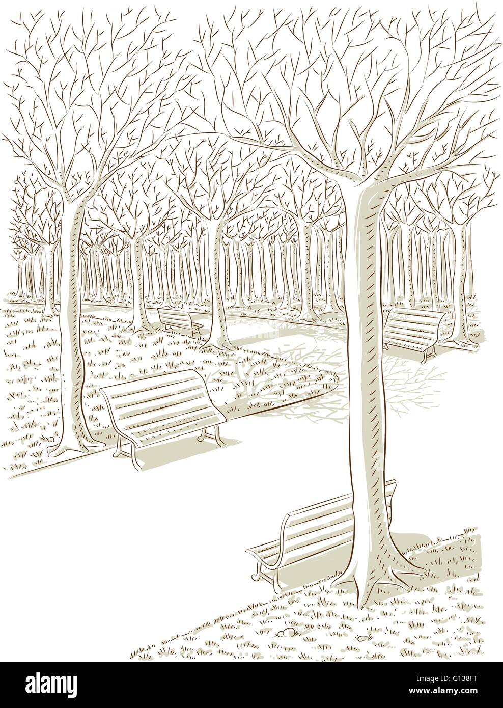 Vector illustration of park in autumn in line art mode Stock Vector