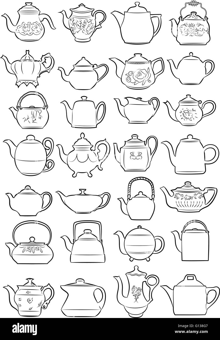 Vector illustration of teapots in line art mode on white background Stock Vector