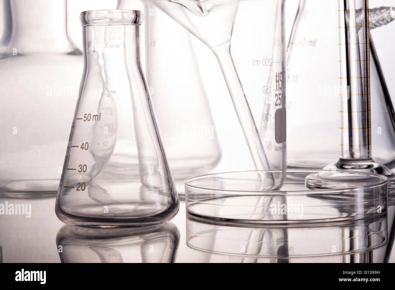 Erlenmeyer flask, boiling flask, funnel, with graduated cylinder Stock