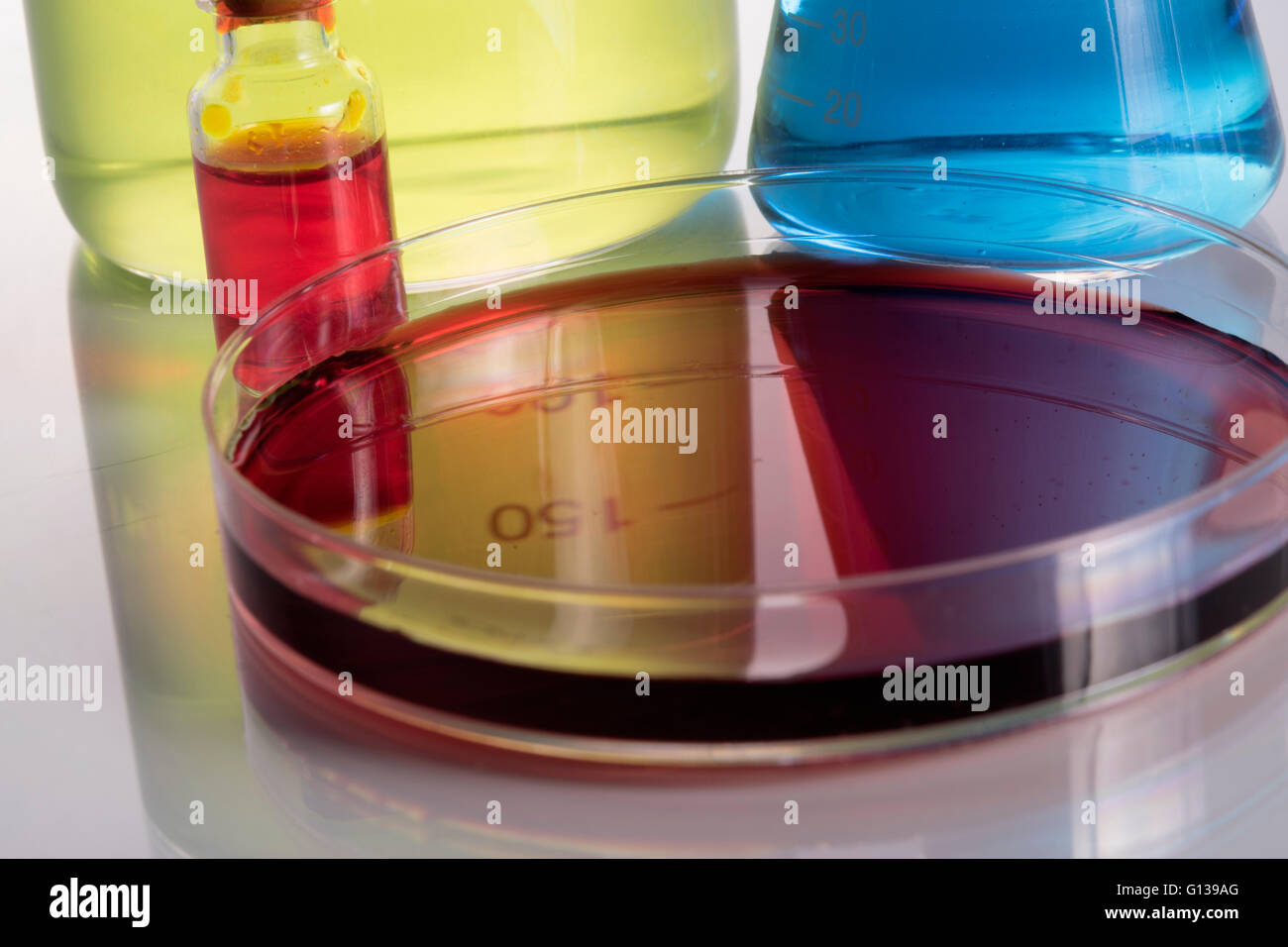 chemistry lab with flasks, vial and petri dish Stock Photo Alamy