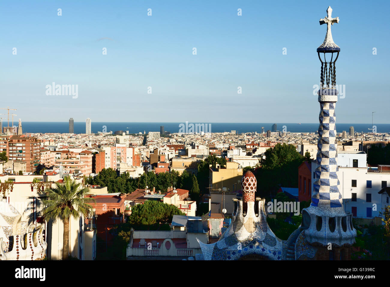 View from the main terrace. Park Güell is a public park system composed of gardens and architectonic elements. Barcelona Stock Photo