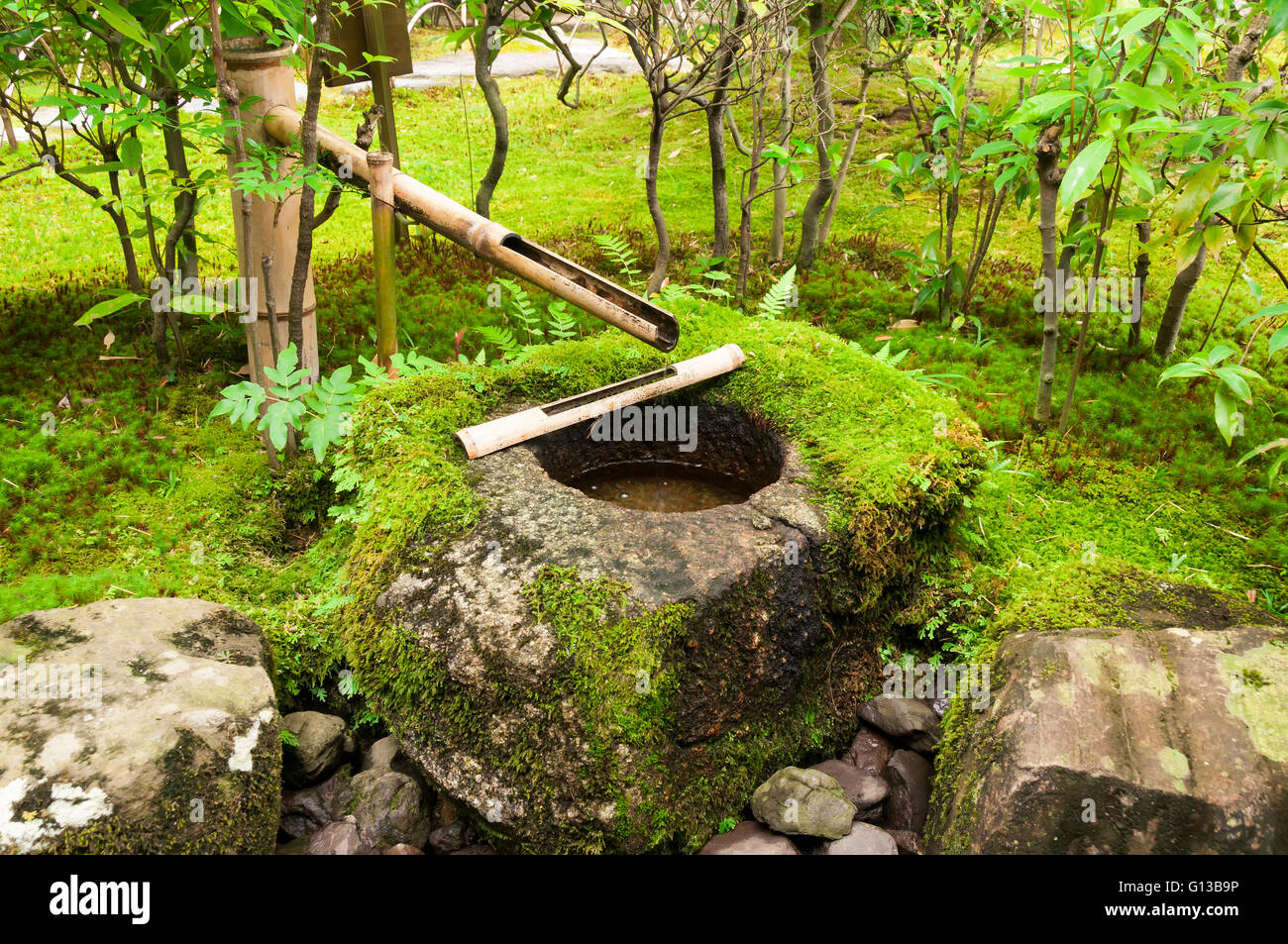 Japanese water bamboo fountain with moss Stock Photo
