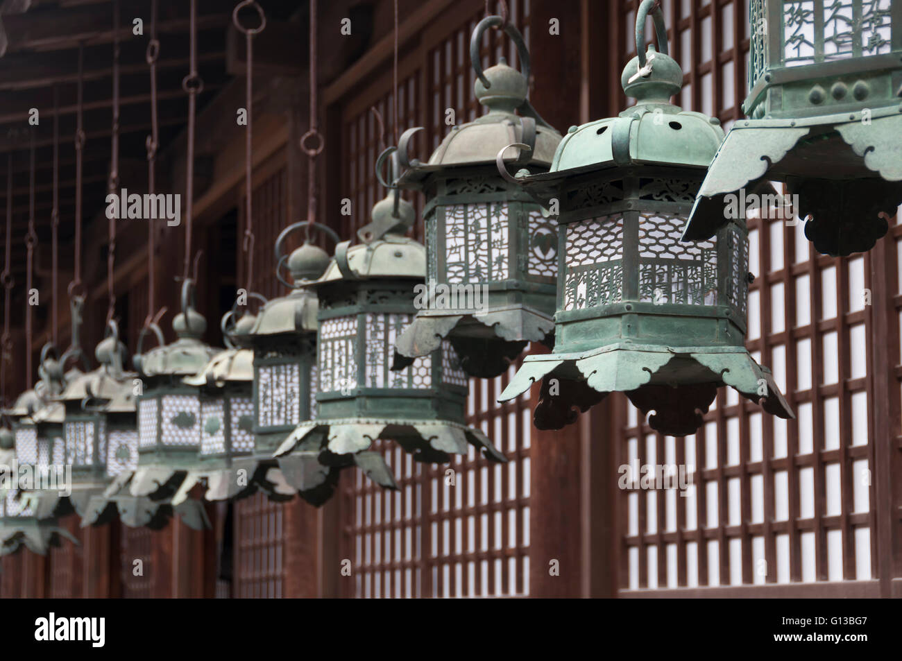 Japanese metal lanterns in a row Stock Photo