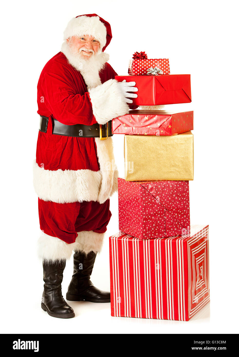 Extensive series of an isolated on white, Caucasian, authentic Santa Claus. Stock Photo