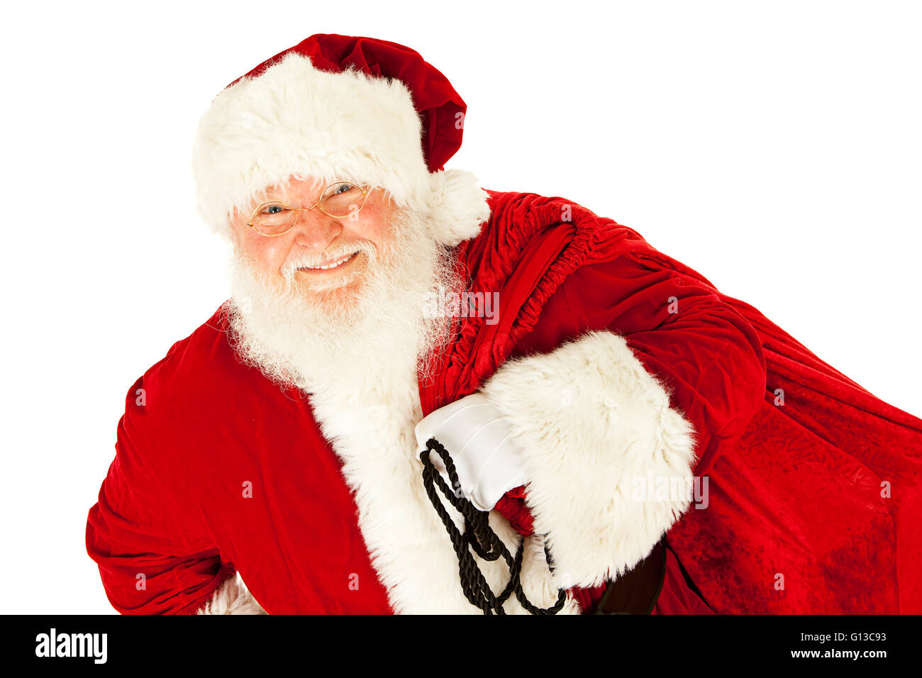 Extensive series of an isolated on white, Caucasian, authentic Santa Claus. Stock Photo