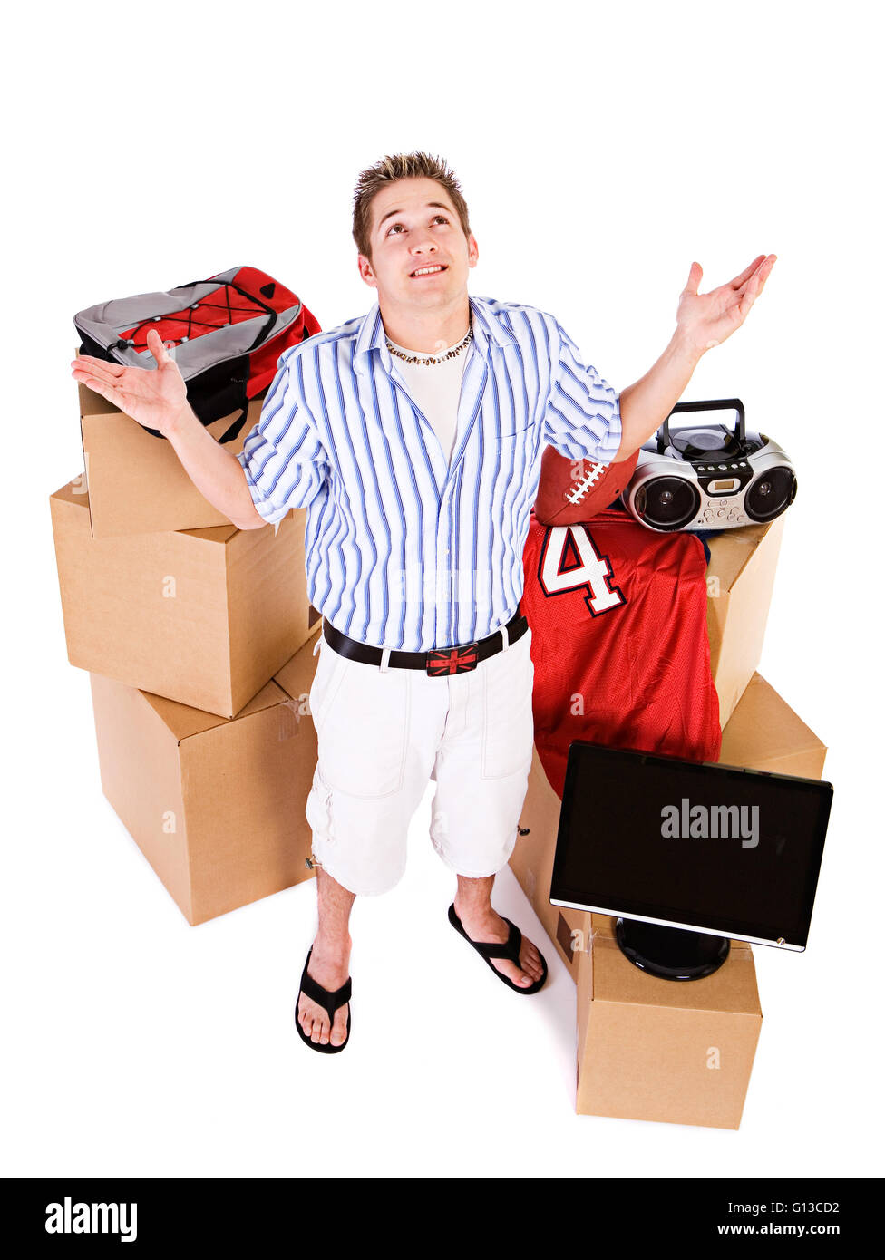 Series Of A Young Man Getting Ready For College With Packing Boxes And Series Of A Young Man Getting Ready For College With Packing Boxes And