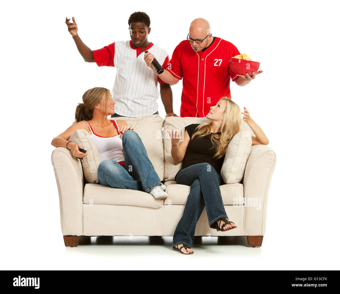 Isolated on white, extensive series of sports fans, male and female, watching and celebrating American baseball Stock Photo